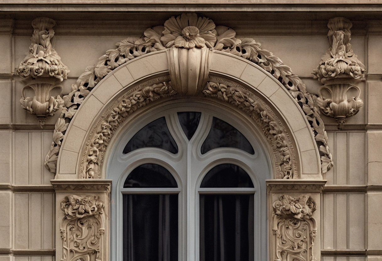 Ornate classical window surround with carved stone detail